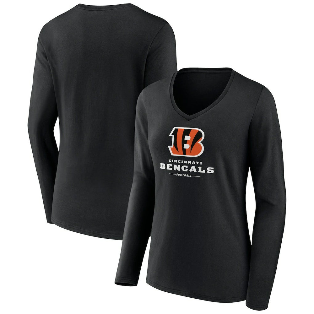 Cincinnati Bengals Women's Logo Team Lockup Long Sleeve V-Neck T-Shirt Black
