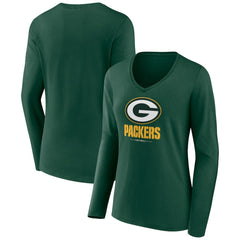 Green Bay Packers Women's Logo Team Lockup Long Sleeve V-Neck T-Shirt Green