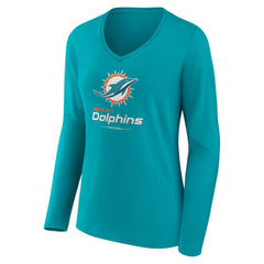 Miami Dolphins Women's Logo Team Lockup Long Sleeve V-Neck T-Shirt Aqua