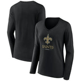 New Orleans Saints Women's Logo Team Lockup Long Sleeve V-Neck T-Shirt Black