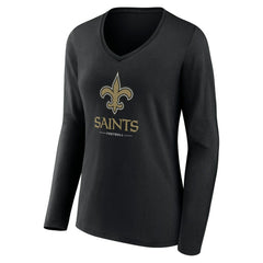 New Orleans Saints Women's Logo Team Lockup Long Sleeve V-Neck T-Shirt Black