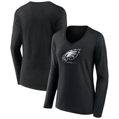 Philadelphia Eagles Women's Logo Team Lockup Long Sleeve V-Neck T-Shirt Black