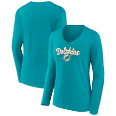 Miami Dolphins Women's Freehand Team Long Sleeve V-Neck T-Shirt Aqua