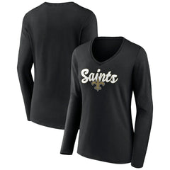 New Orleans Saints Women's Freehand Team Long Sleeve V-Neck T-Shirt Black