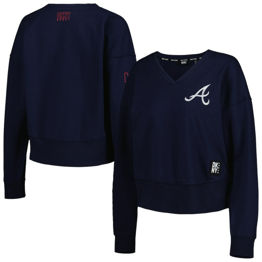 Atlanta Braves DKNY Sport Women's Lily V-Neck Pullover Sweatshirt - Navy Pullover