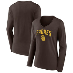 San Diego Padres Women's Team Lockup Long Sleeve V-Neck T-Shirt - Brown T-shirts