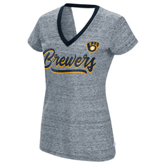 Milwaukee Brewers Touch Women's Halftime Back Wrap Top V-Neck T-Shirt - Navy T-shirts