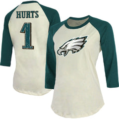 Jalen Hurts Philadelphia Eagles Majestic Threads Women's Player Raglan Name & Number Fitted 3/4-Sleeve T-Shirt Cream/Green