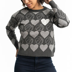 Brooklyn Nets Lusso Women's Basketball Love Swarovski Crystal Intarsia Pullover Sweater Charcoal