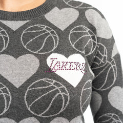 Los Angeles Lakers Lusso Women's Basketball Love Swarovski Crystal Intarsia Pullover Sweater Charcoal