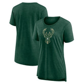 Milwaukee Bucks Women's Distressed Logo Tri-Blend T-Shirt Heather Hunter Green