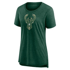Milwaukee Bucks Women's Distressed Logo Tri-Blend T-Shirt Heather Hunter Green