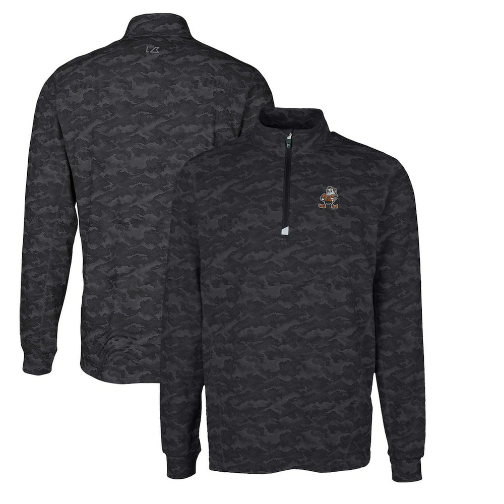 Cleveland Browns Cutter & Buck Throwback Logo Big & Tall Traverse Camo Print Stretch Quarter-Zip Pullover Top Black