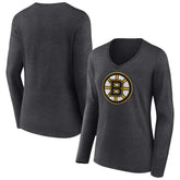 NHL Boston Bruins Women's Primary Team Logo Long Sleeve V-Neck T-Shirt - Heather Charcoal