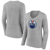 NHL Edmonton Oilers Women's Primary Logo Team Long Sleeve V-Neck T-Shirt - Heather Gray