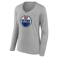 NHL Edmonton Oilers Women's Primary Logo Team Long Sleeve V-Neck T-Shirt - Heather Gray