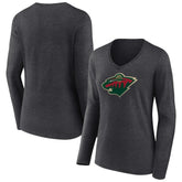 NHL Minnesota Wild Women's Primary Team Logo Long Sleeve V-Neck T-Shirt - Heather Charcoal