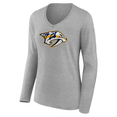 NHL Nashville Predators Women's Primary Logo Team Long Sleeve V-Neck T-Shirt - Heather Gray