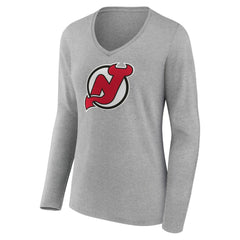 NHL New Jersey Devils Women's Primary Logo Team Long Sleeve V-Neck T-Shirt - Heather Gray
