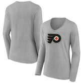 NHL Philadelphia Flyers Women's Primary Logo Team Long Sleeve V-Neck T-Shirt - Heather Gray