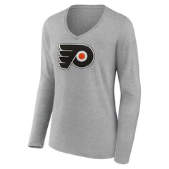 NHL Philadelphia Flyers Women's Primary Logo Team Long Sleeve V-Neck T-Shirt - Heather Gray