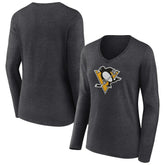 NHL Pittsburgh Penguins Women's Primary Team Logo Long Sleeve V-Neck T-Shirt - Heather Charcoal