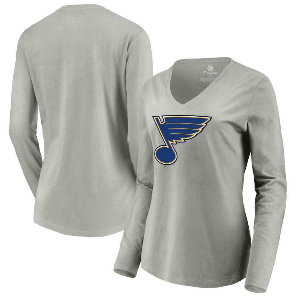 NHL St. Louis Blues Women's Primary Logo Team Long Sleeve V-Neck T-Shirt - Heather Gray