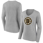 NHL Boston Bruins Women's Primary Logo Team Long Sleeve V-Neck T-Shirt - Heather Gray