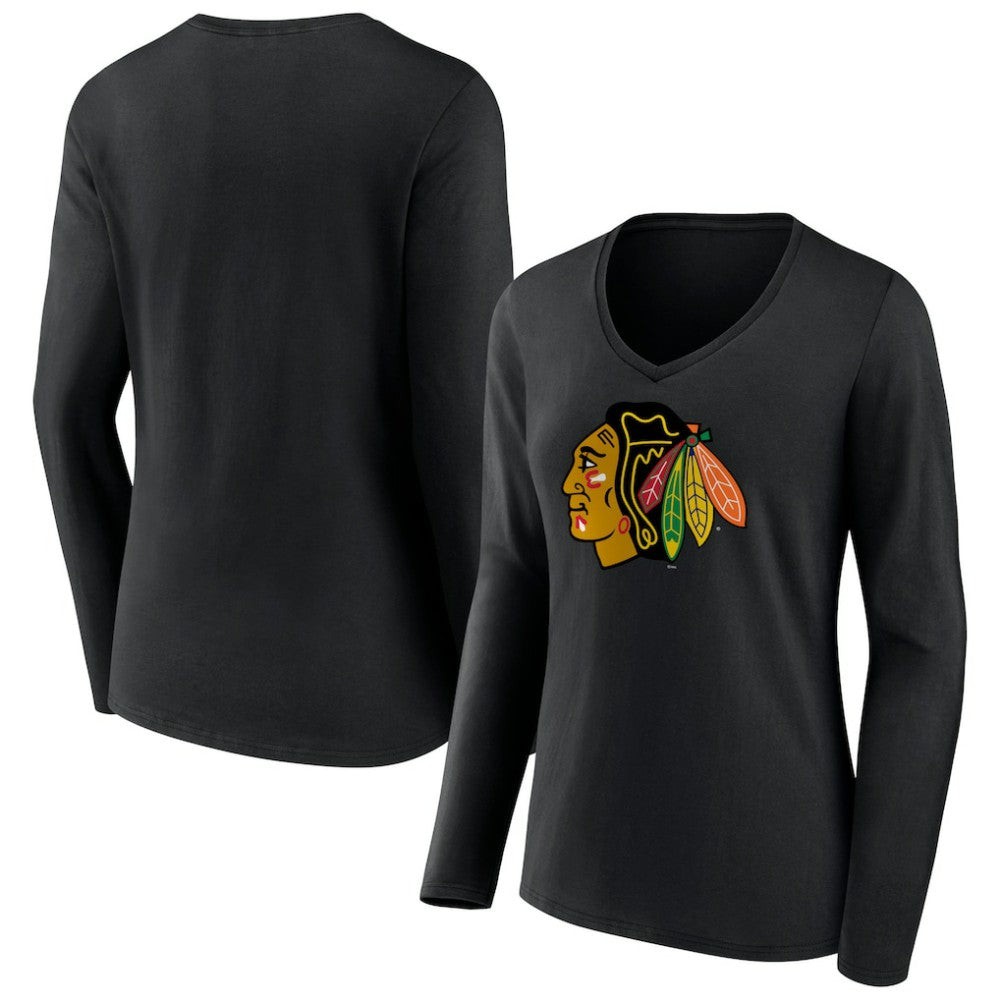 NHL Chicago Blackhawks Women's Primary Team Logo Long Sleeve V-Neck T-Shirt - Black