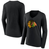 NHL Chicago Blackhawks Women's Primary Team Logo Long Sleeve V-Neck T-Shirt - Black
