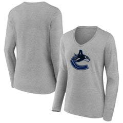 NHL Vancouver Canucks Women's Primary Logo Team Long Sleeve V-Neck T-Shirt - Heather Gray