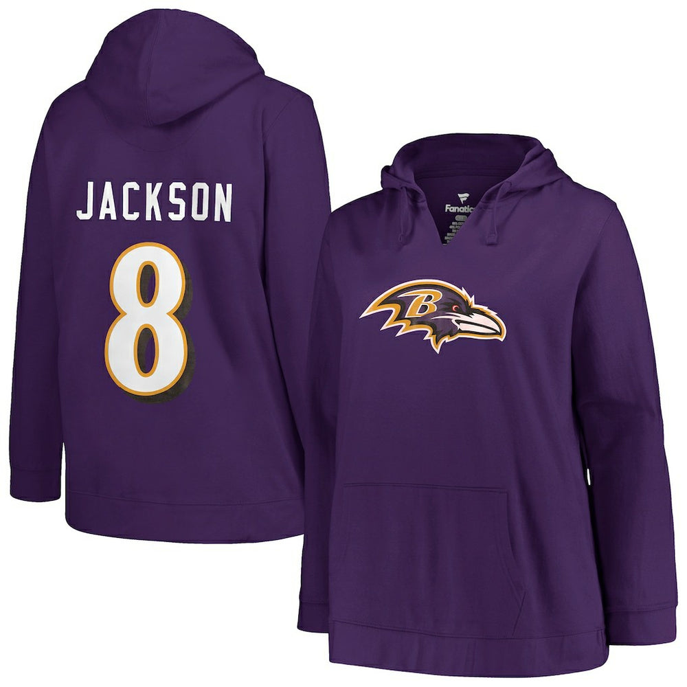 Lamar Jackson Baltimore Ravens Profile Women's Plus Size Player Name & Number Pullover Hoodie Purple