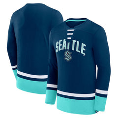 NHL Seattle Kraken Fanatics Back Pass Lace-Up Long Sleeve T-Shirt - Deep Sea Blue