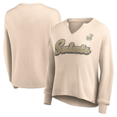 New Orleans Saints Women's Go For It Notch Neck Waffle Knit Lightweight Long Sleeve T-Shirt Tan