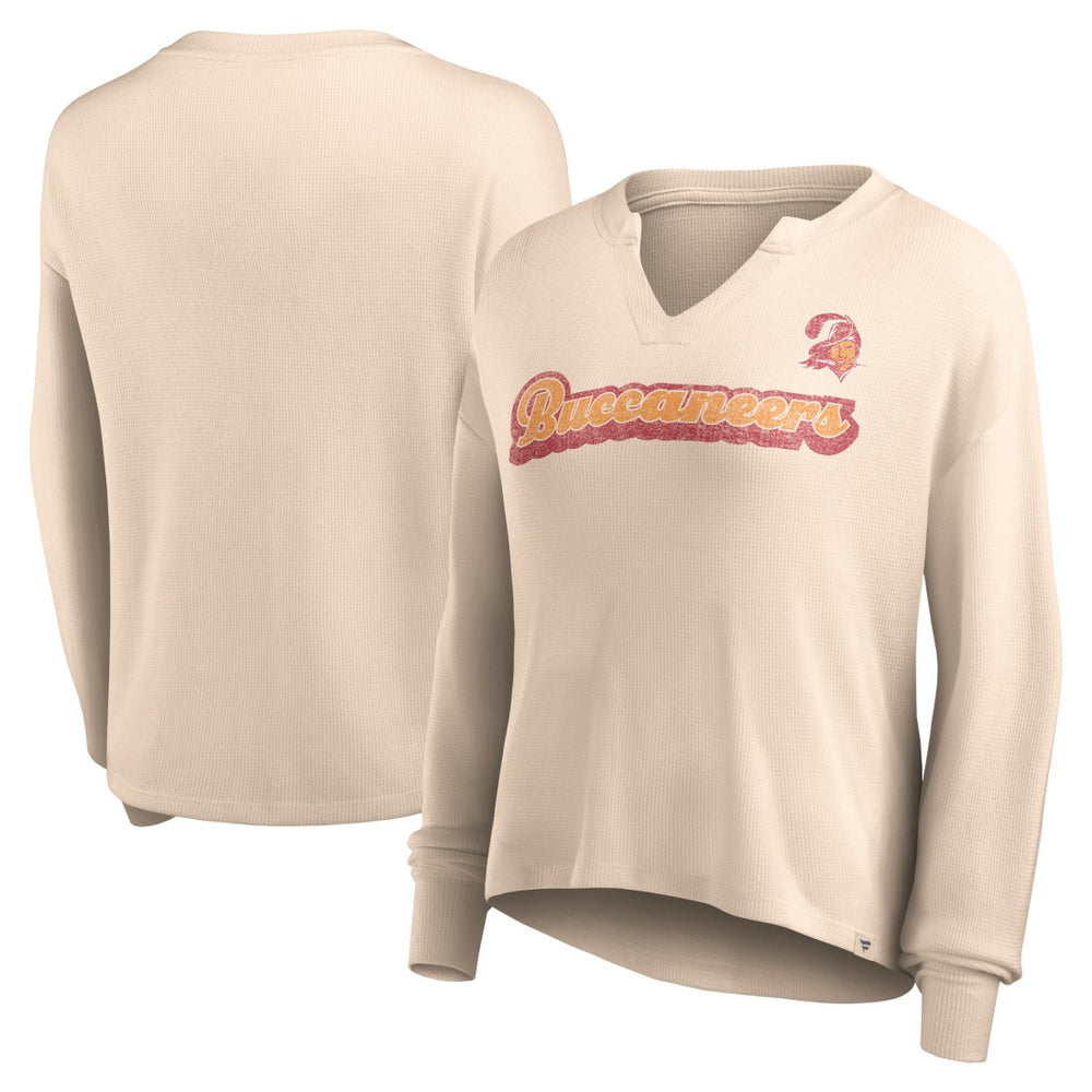 Tampa Bay Buccaneers Women's Go For It Notch Neck Waffle Knit Lightweight Long Sleeve T-Shirt Tan