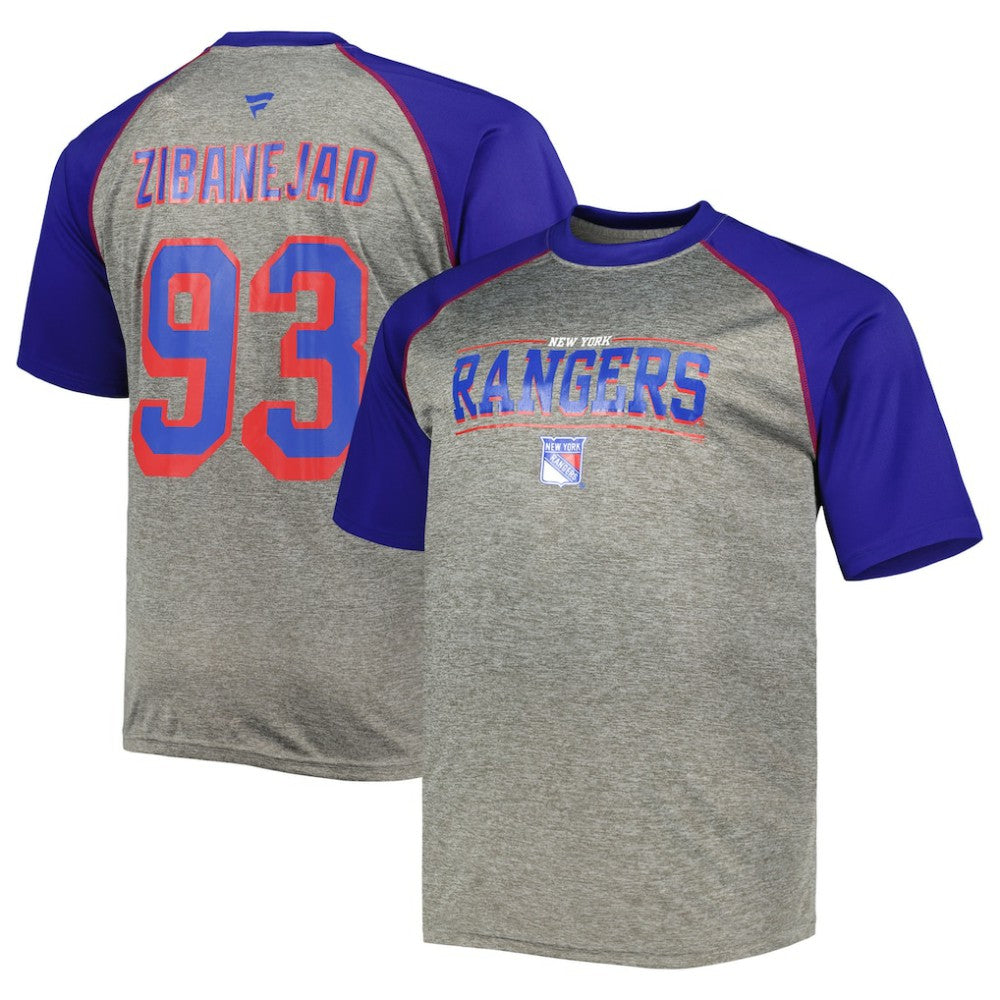 NHL Mika Zibanejad New York Rangers Fanatics Big & Tall Contrast Raglan Name & Number T-Shirt - Heather Gray/Blue