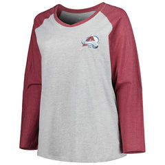 NHL Nathan MacKinnon Colorado Avalanche Fanatics Women's Plus Size Name & Number Raglan Long Sleeve T-Shirt - Heather Gray/Heather Burgundy