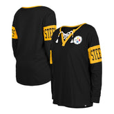 Pittsburgh Steelers New Era Women's Lace-Up Notch Neck Long Sleeve T-Shirt Black