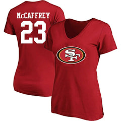 Christian McCaffrey San Francisco 49ers Women's Plus Size Fair Catch Name & Number Scoop Neck T-Shirt Scarlet