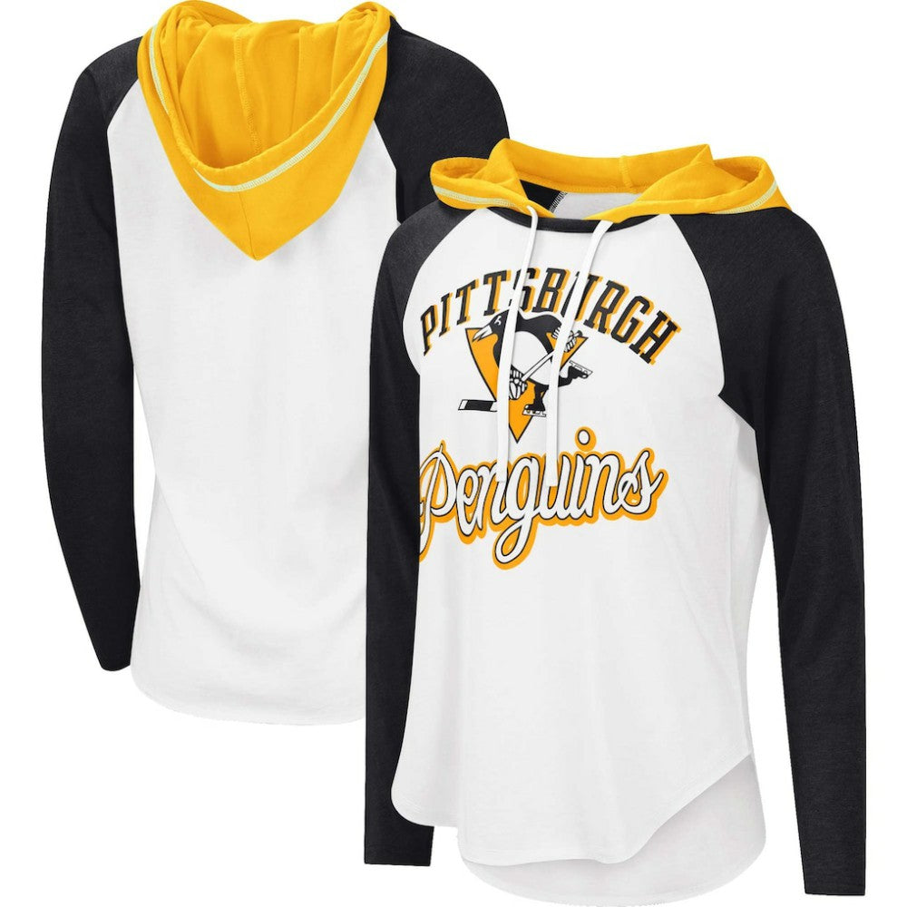 NHL Pittsburgh Penguins G-III 4Her by Carl Banks Women's MVP Raglan Lightweight Hooded T-Shirt - White/Heather Black