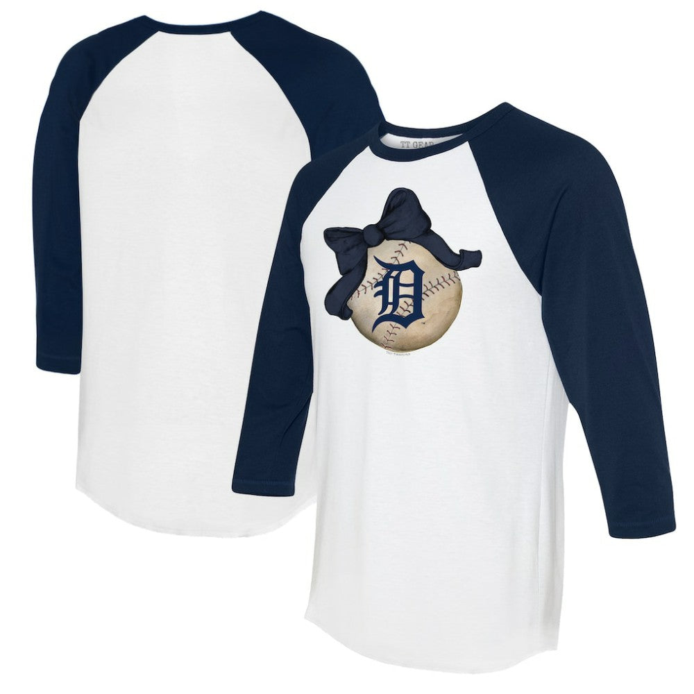 Detroit Tigers Tiny Turnip Women's Baseball Bow 3/4-Sleeve Raglan T-Shirt - White/Navy T-shirts