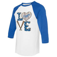 Los Angeles Dodgers Tiny Turnip Women's Baseball Love Raglan 3/4-Sleeve T-Shirt - White/Royal T-shirts