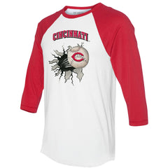 Cincinnati Reds Tiny Turnip Women's Baseball Tear 3/4-Sleeve Raglan T-Shirt - White/Red T-shirts