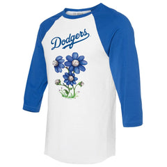 Los Angeles Dodgers Tiny Turnip Women's Blooming Baseballs 3/4-Sleeve Raglan T-Shirt - White/Royal T-shirts