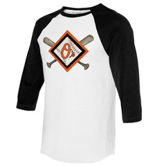 Baltimore Orioles Tiny Turnip Women's Diamond Cross Bats 3/4-Sleeve Raglan T-Shirt - White/Black T-shirts