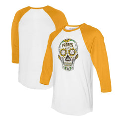 San Diego Padres Tiny Turnip Unisex Sugar Skull 3/4-Sleeve Raglan T-Shirt - White/Gold T-shirts