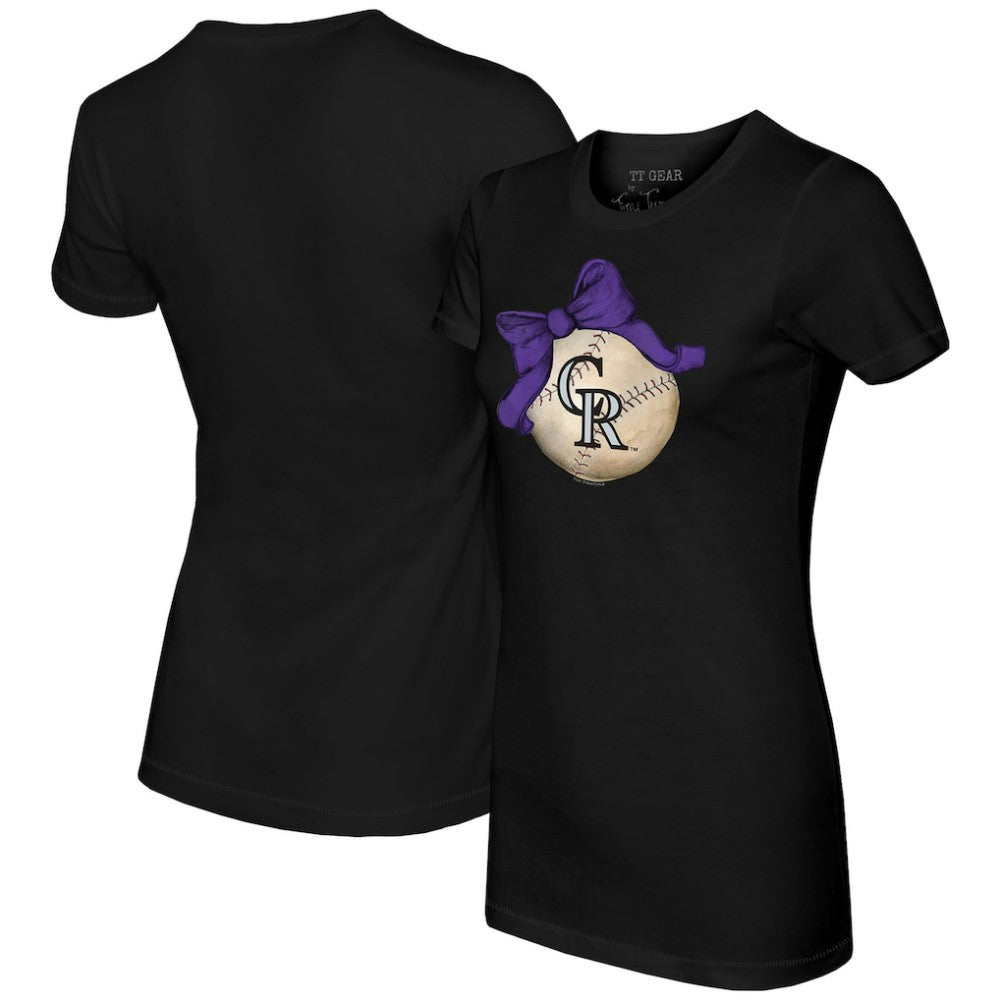 Colorado Rockies Tiny Turnip Women's Baseball Bow T-Shirt - Black T-shirts