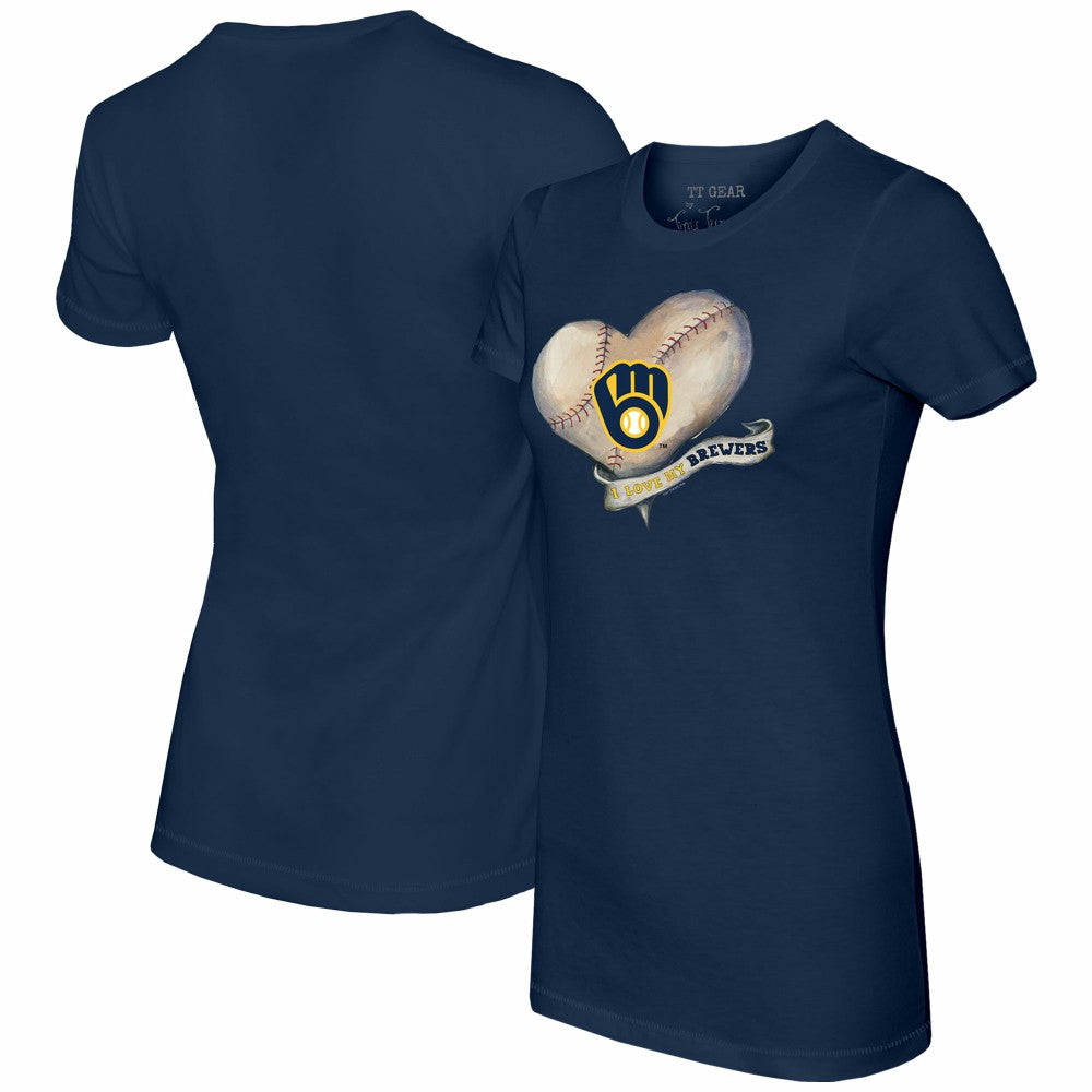 Milwaukee Brewers Tiny Turnip Women's Heart Banner T-Shirt - Navy T-shirts