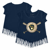 Milwaukee Brewers Tiny Turnip Girls Youth Baseball Cross Bats Fringe T-Shirt - Navy T-shirts