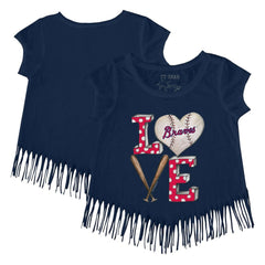 Atlanta Braves Tiny Turnip Girls Youth Baseball Love Fringe T-Shirt - Navy T-shirts